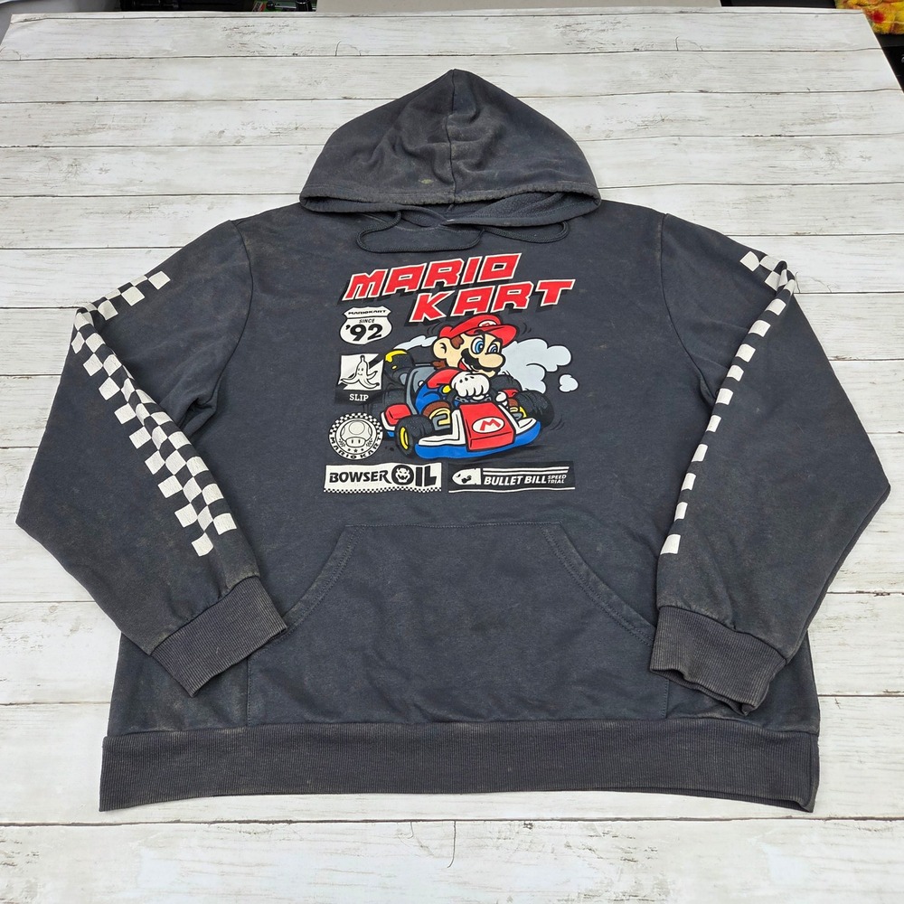 Nintendo Mario Kart Graphic Hoodie Mens XL Black Checkered Sleeve Pullover